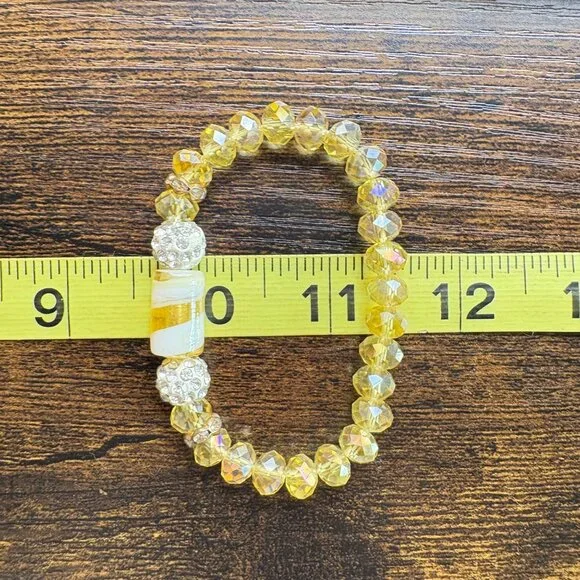 Gemstone Yellow Glass Bead White Crystal Rondel Stretch Bracelet Fashion One SZ - Picture 10 of 10